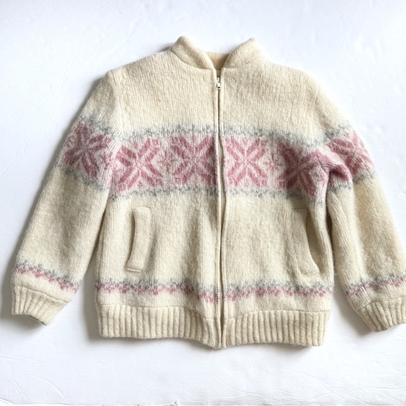 Vintage 80s Ice Knit Fair Isle Sweater Large Cream Wool Lined Zip Up Icelandic - Picture 1 of 9